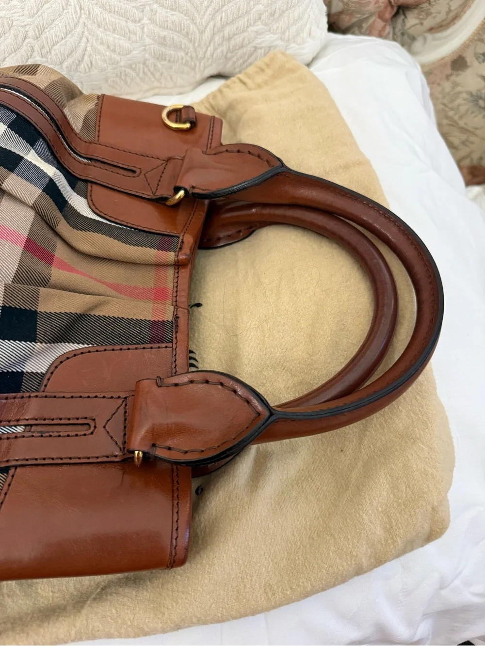 Burberry Tan Check Canvas Tote with Brown Leather Trim and Gold Hardware